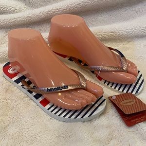 Women's Havaianas Brazil Slim Nautical Flip Flops White Rose Gold Metallic 6 NWT